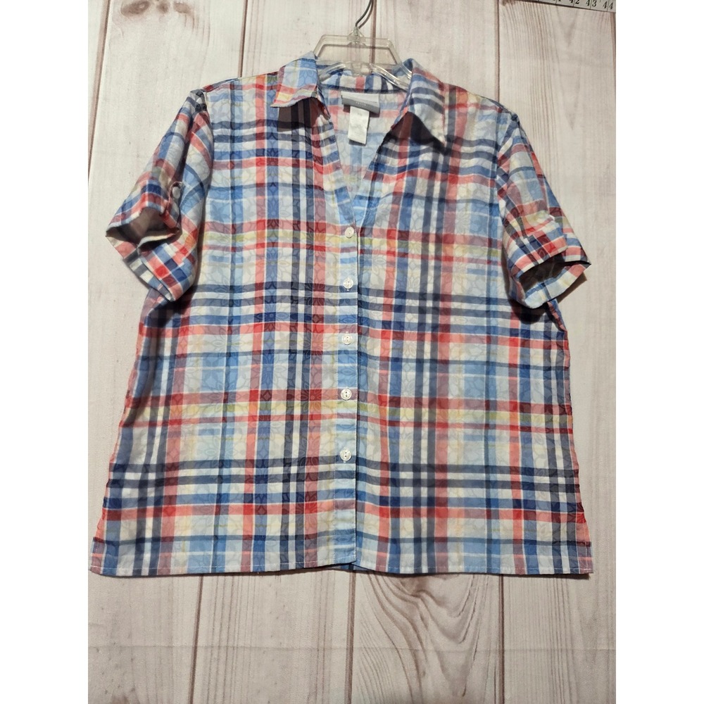 Alfred Dunner Petite Medium Blue Red Plaid Short Sleeve Button Up Blouse PM